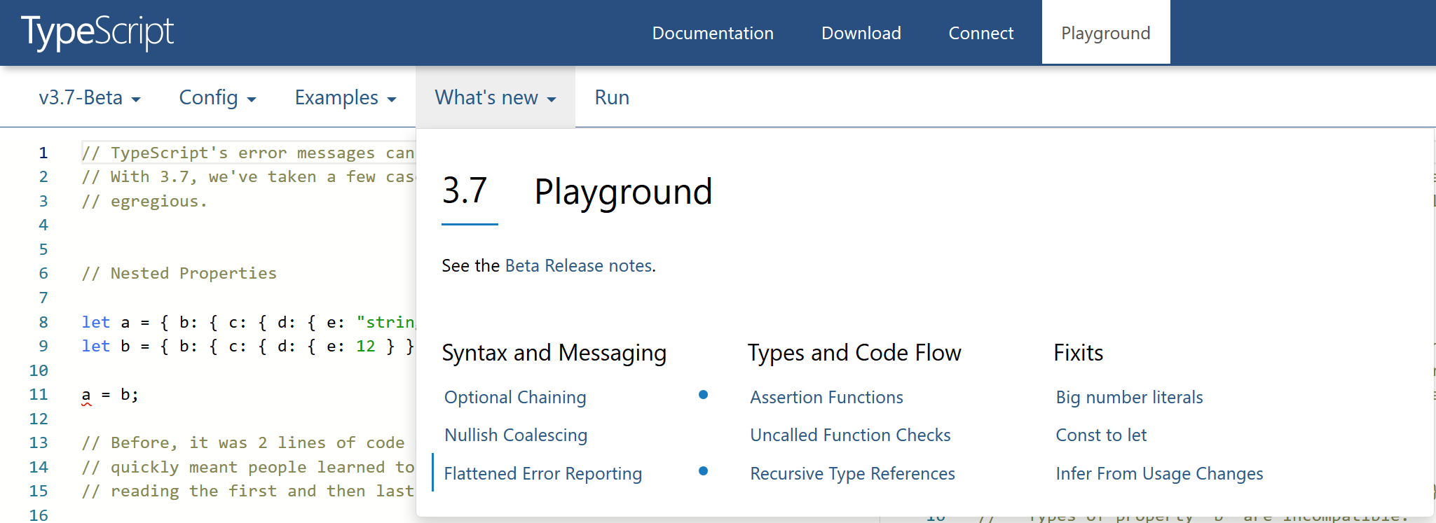 A screenshot of the TypeScript playground which now has a section for learning what's new.