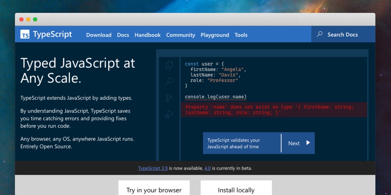 A screenshot of the new TypeScript website