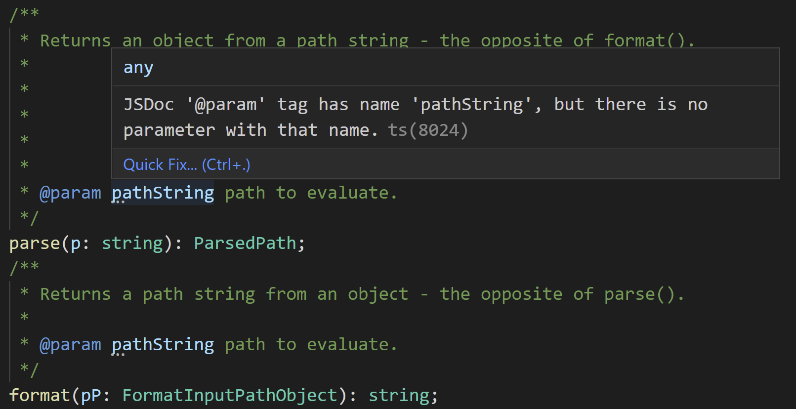 Suggestion diagnostics being shown in the editor for parameter names in JSDoc comments that don't match an actual parameter name.