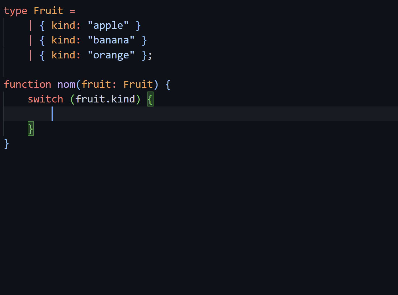 A set of case statements generated through auto-completion based on literal types.