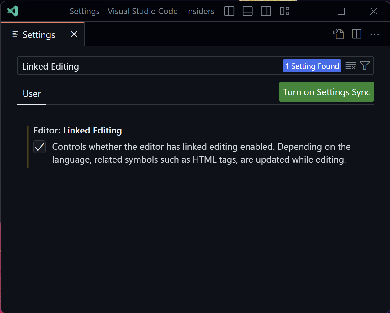 Visual Studio Code's Editor: Linked Editing` option