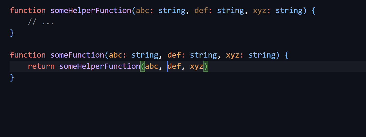 The missing arguments have been added to someHelperFunction after the quick fix was applied.