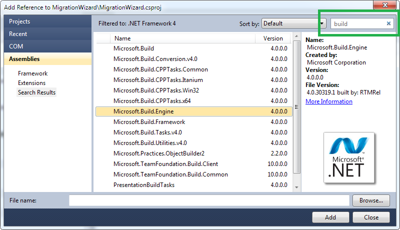 Search Box of Visual Studio 2010 Add Reference Dialog