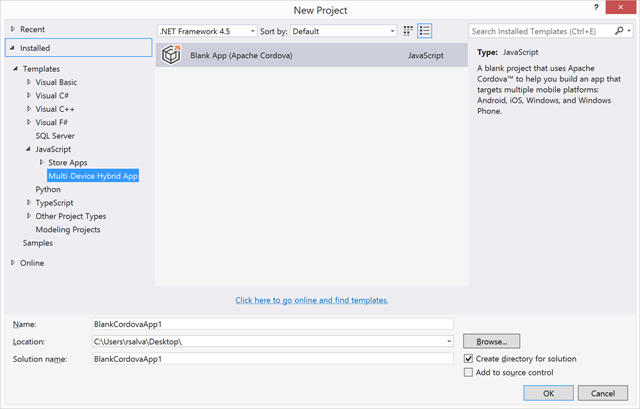 在Visual Studio中为移动设备混合应用程序创建新项目