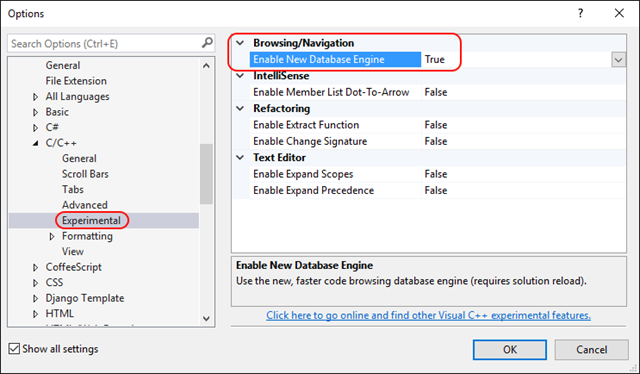 Setting the C/C++ database engine in Visual Studio 2015 Update 2 CTP