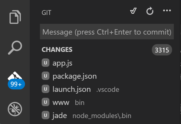 Git pane in Visual Studio Code showing changes