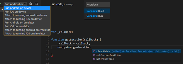 Visual Studio代码中的Apache Cordova