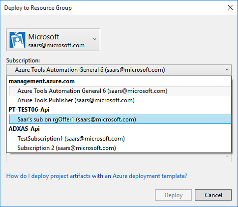 Deploy to Resource Group dialog in Visual Studio