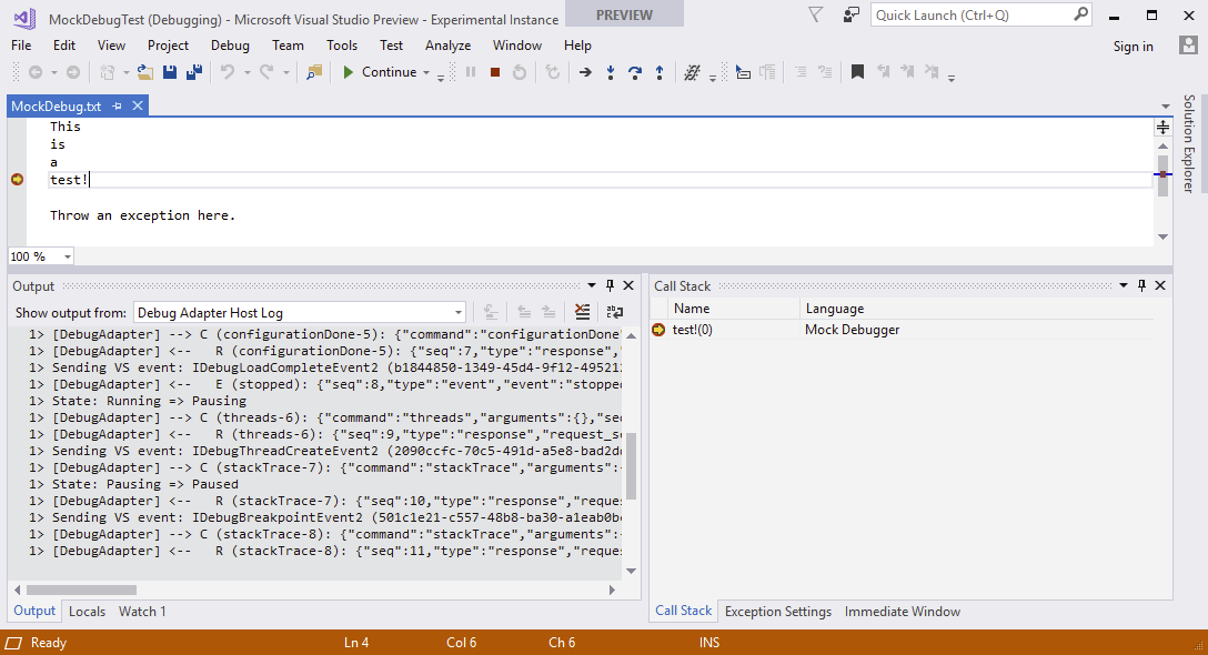Visual Studio Code Mock Debug adapter in Visual Studio