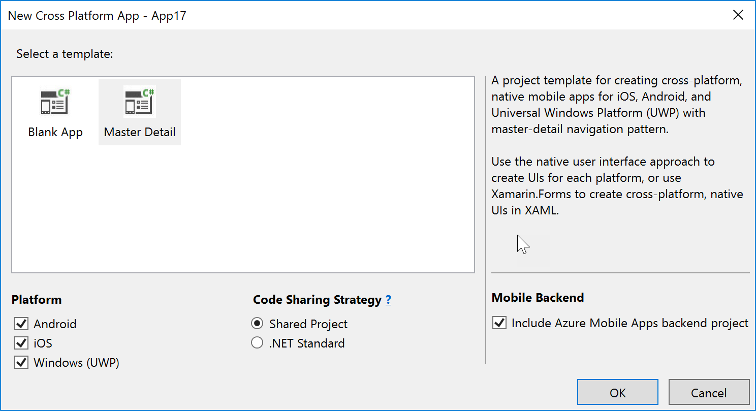 新项目对话框窗口显示跨平台移动应用程序下的包括Azure移动应用程序后端项目选项