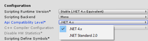 Configuration dialog showing Unity scripting runtime now also supports .NET 4.6 APIs and C#6 by default