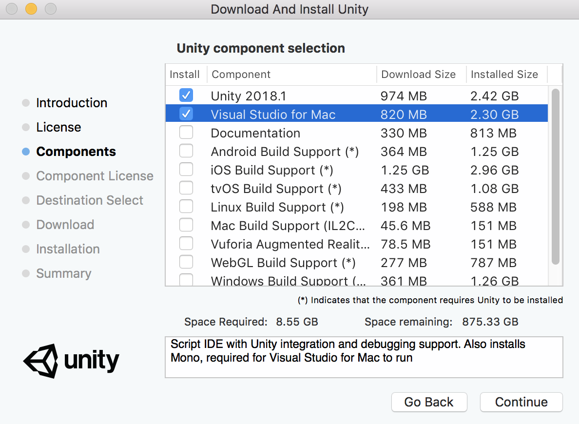 Download and Install Unity dialog showing Visual Studio for Mac
