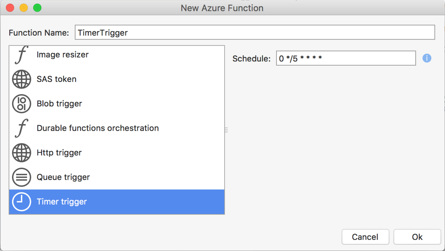 New Azure Function dialog