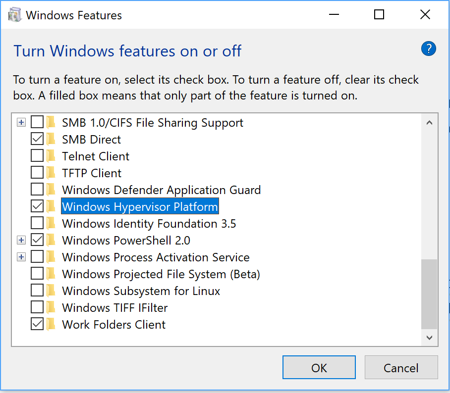 Turn Windows Features On or Off settings dialog