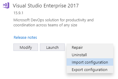 Visual Studio Enterprise 2017 import configuration on launch.