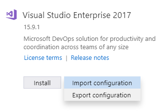 Visual Studio Enterprise 2017 import configuration on install.