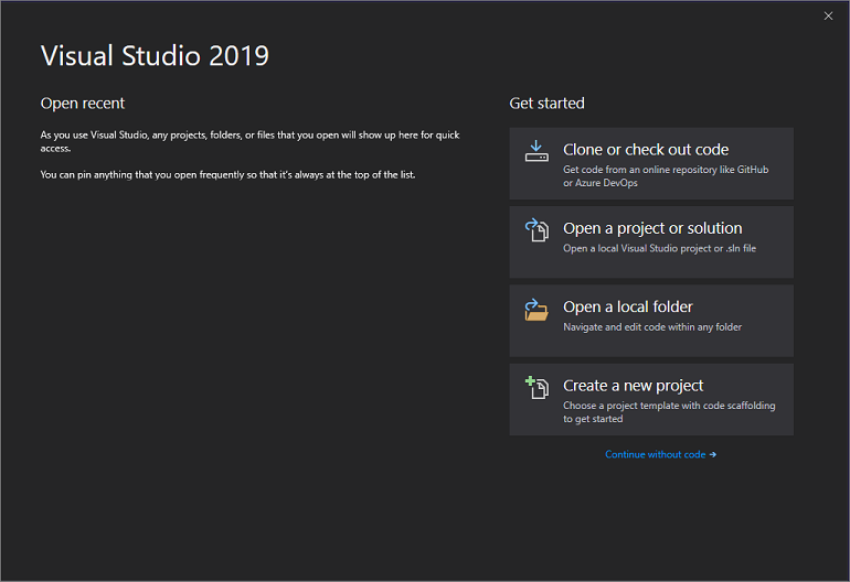 Visual Studio 2019 Start Window