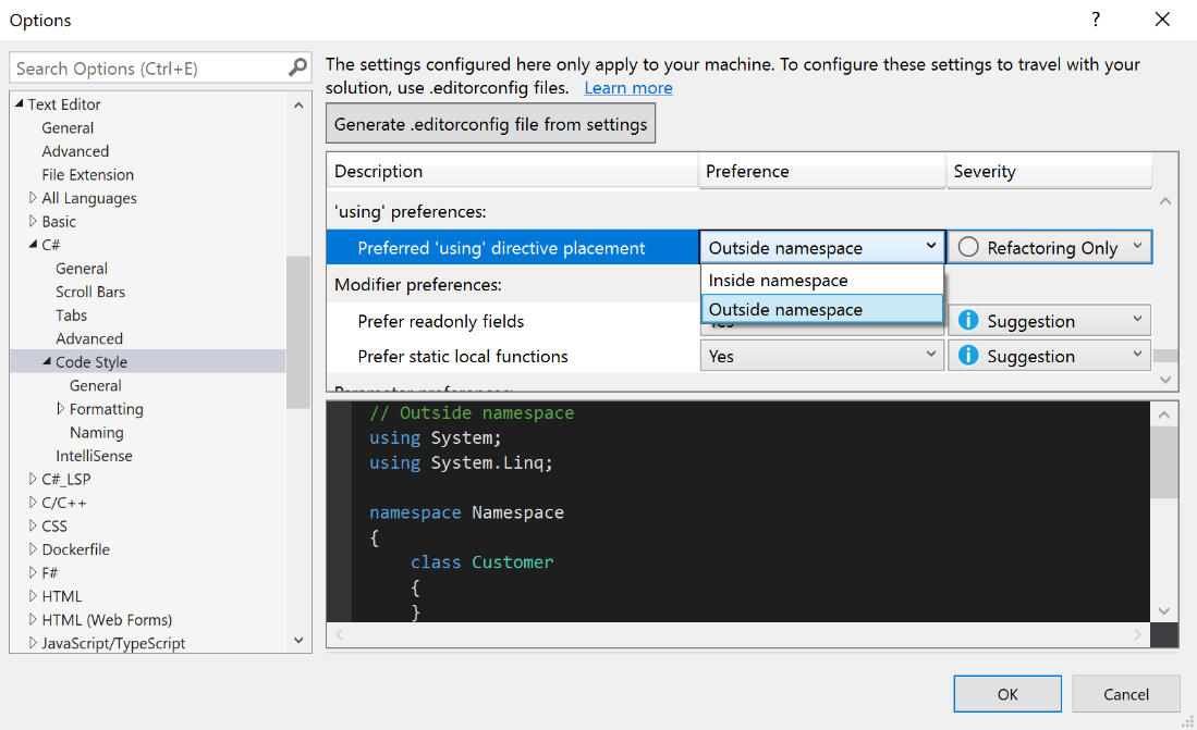 Tools option to prefer usings inside or outside of namespaces