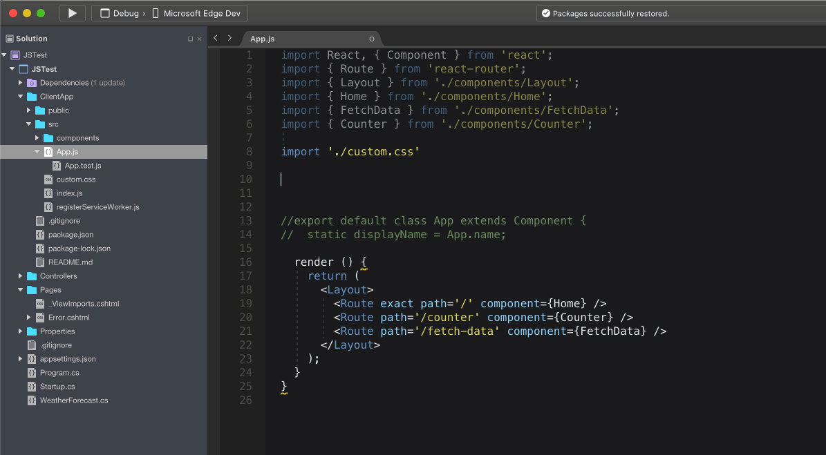 JavaScript editor with code completion suggestions, in Visual Studio for Mac