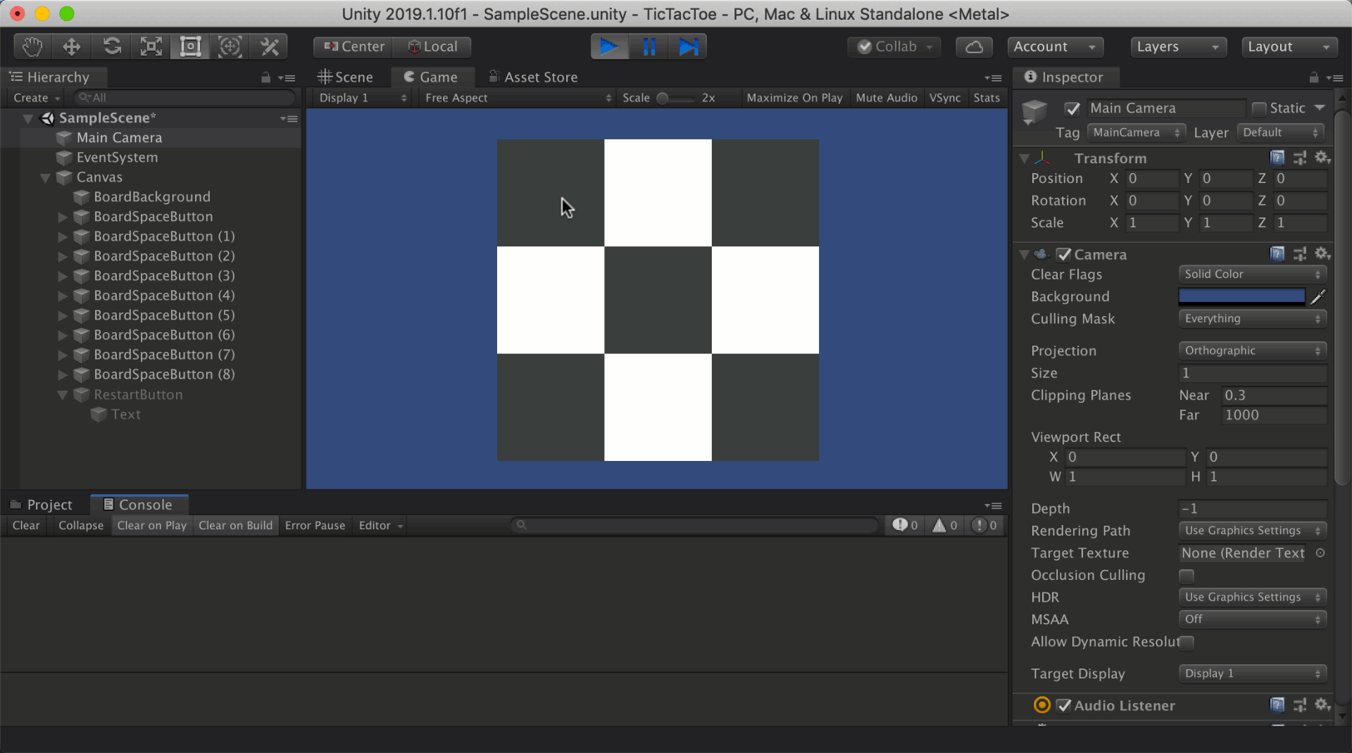 animated image of the tic tac toe game play in the Unity editor