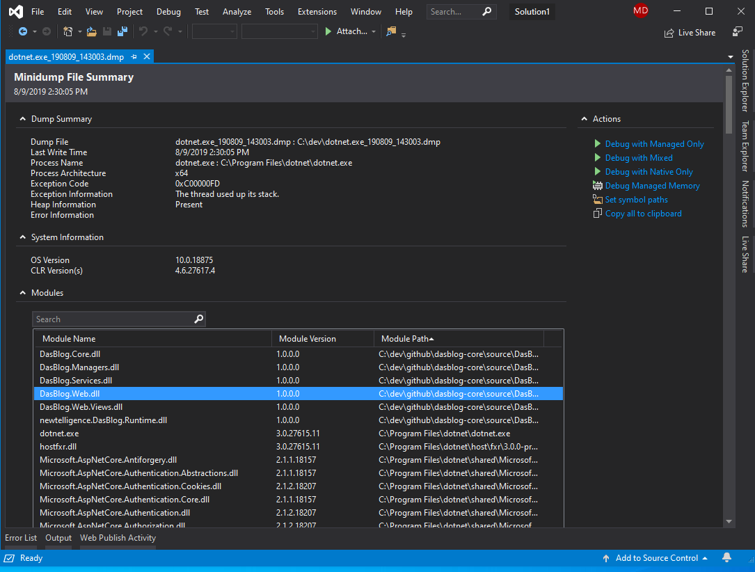 Visual Studio - Dump Summary Page