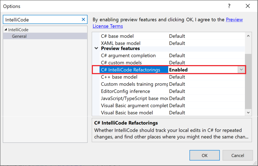 How to turn on the refactorings feature in tools-options