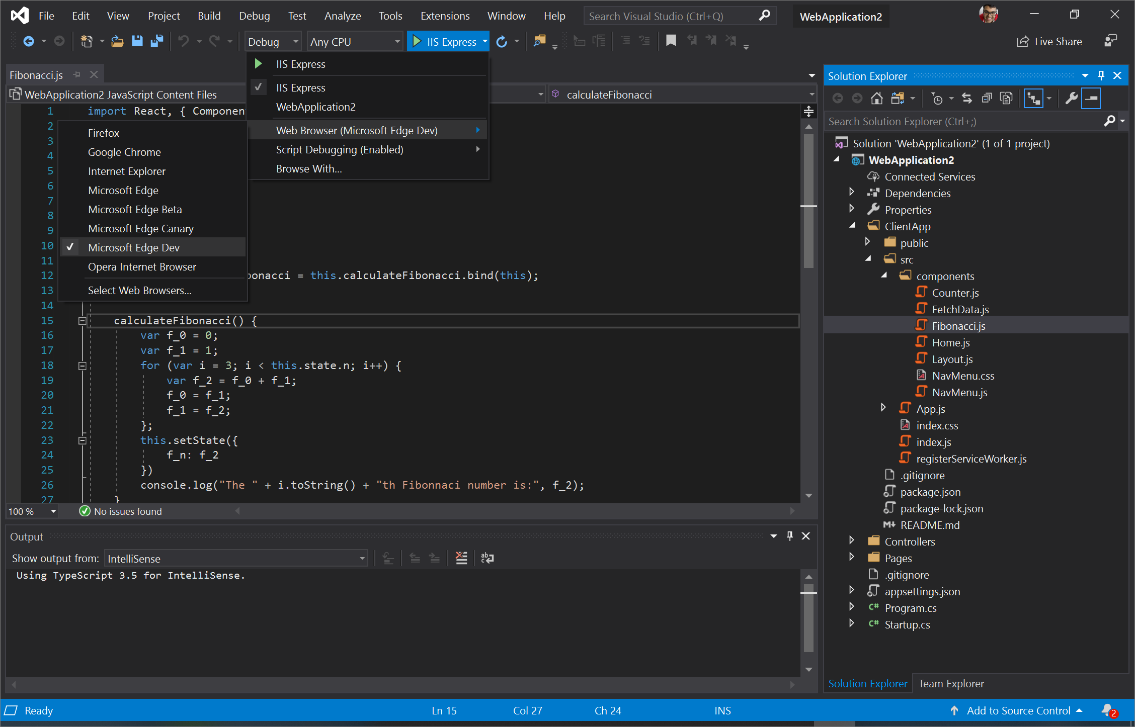 Screenshot of Visual Studio, selecting the Microsoft Edge Dev browser to launch