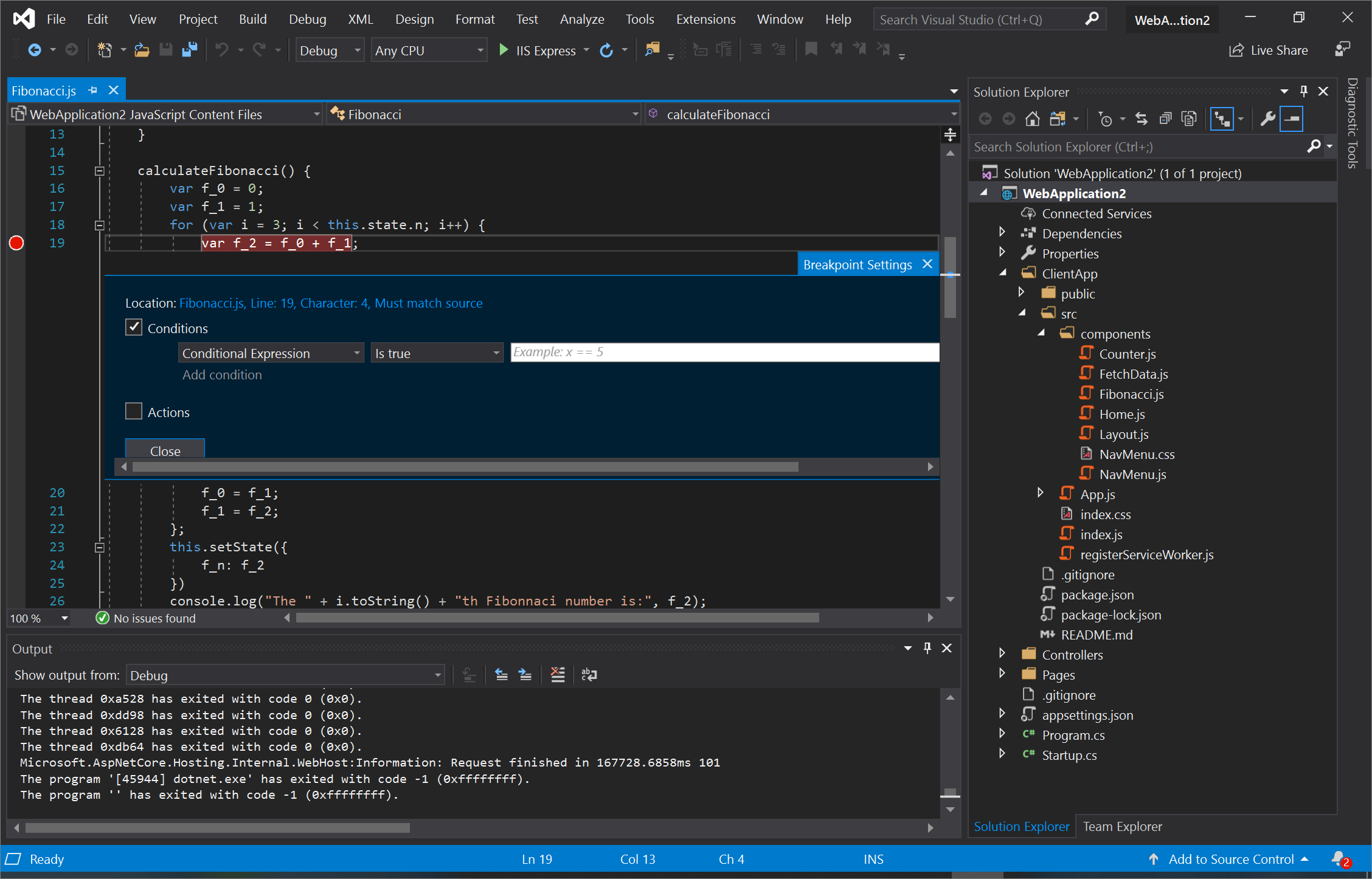 Screenshot of Visual Studio, adding a condition to the breakpoint you set on Line 19