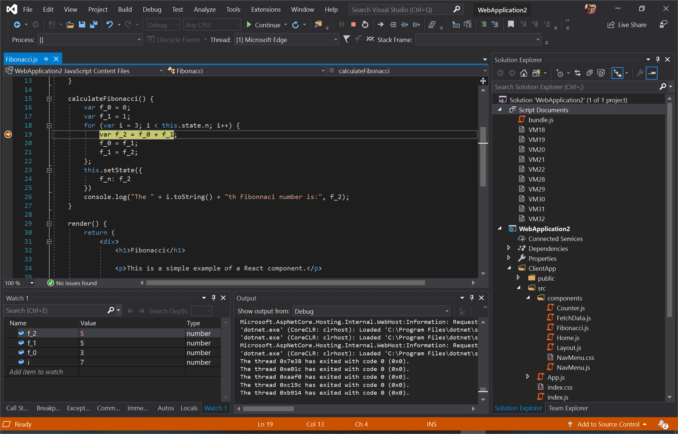 A screenshot of Visual Studio, breaking on line 19 in Fibonacci.js when i is 7