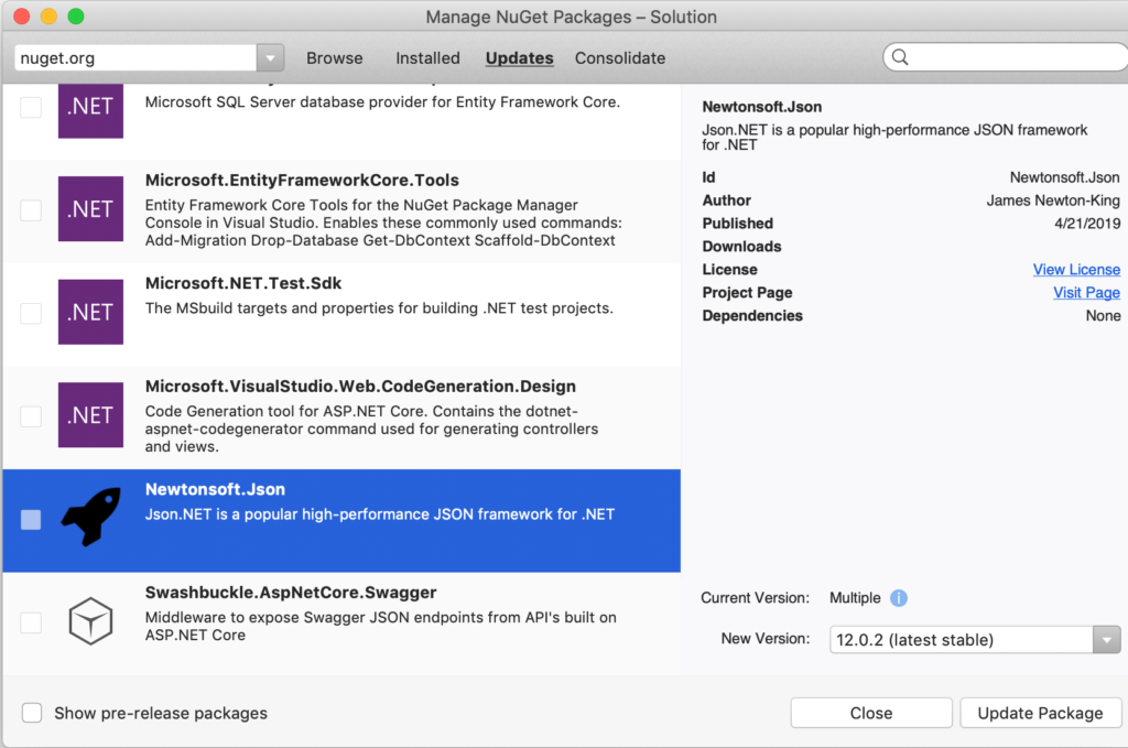nuget package manager in visual studio for mac