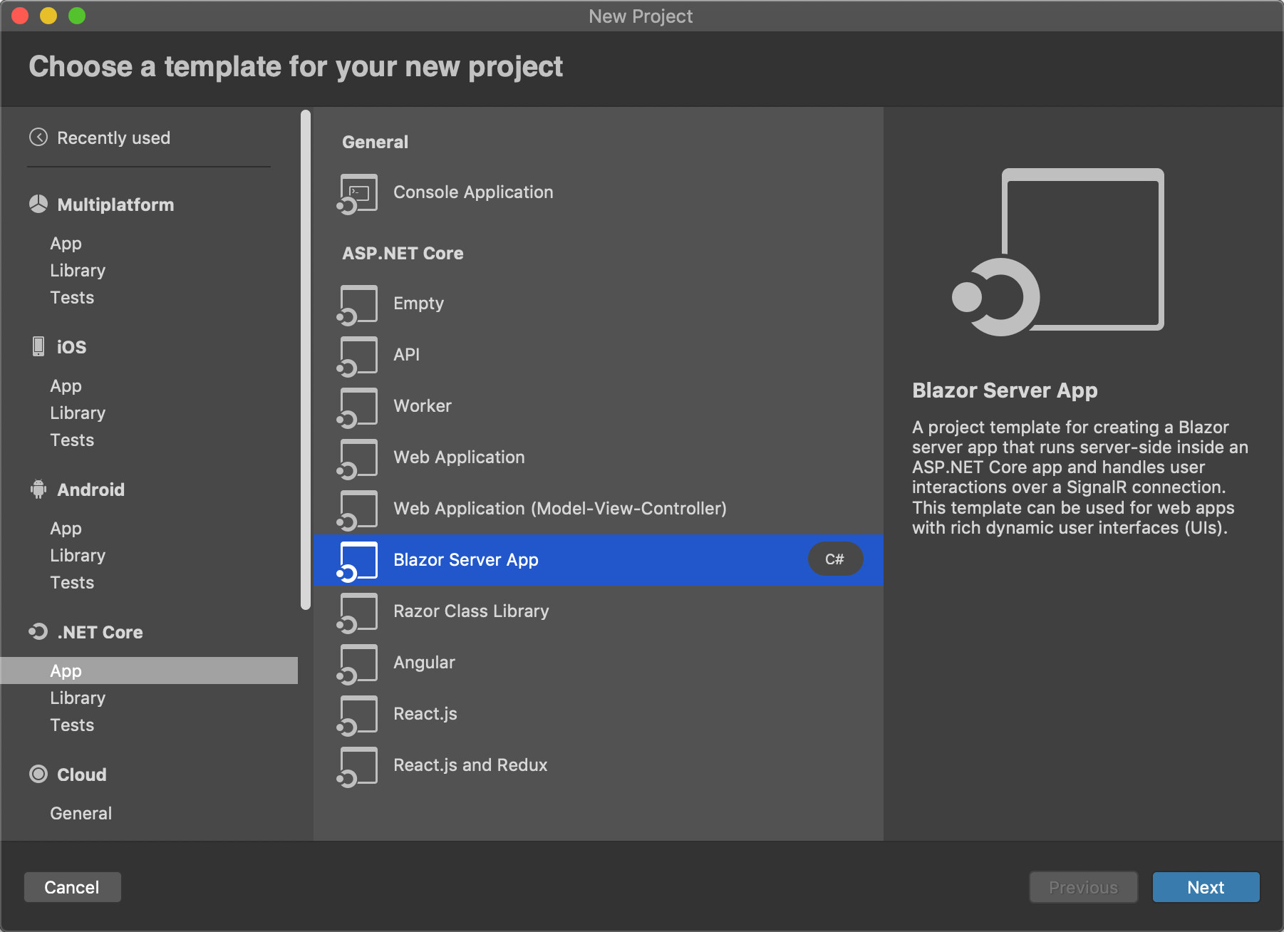 Visual Studio for Mac New Project Dialog with Blazor Server App template selected