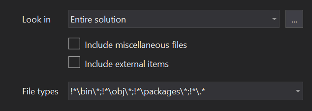 A screen capture of the Find in Files dialog that is cropped to only show the Look in and File types fields along with the options to include miscellaneous and external items.