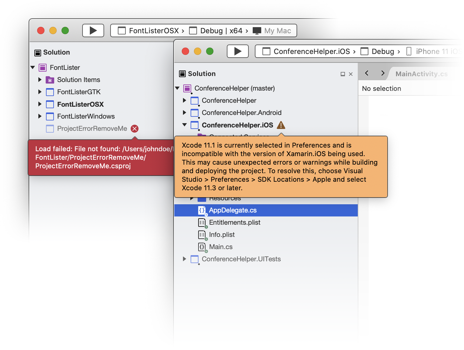 High Contrast rendering of Visual Studio for Mac Solution Pad with error and warning popovers.