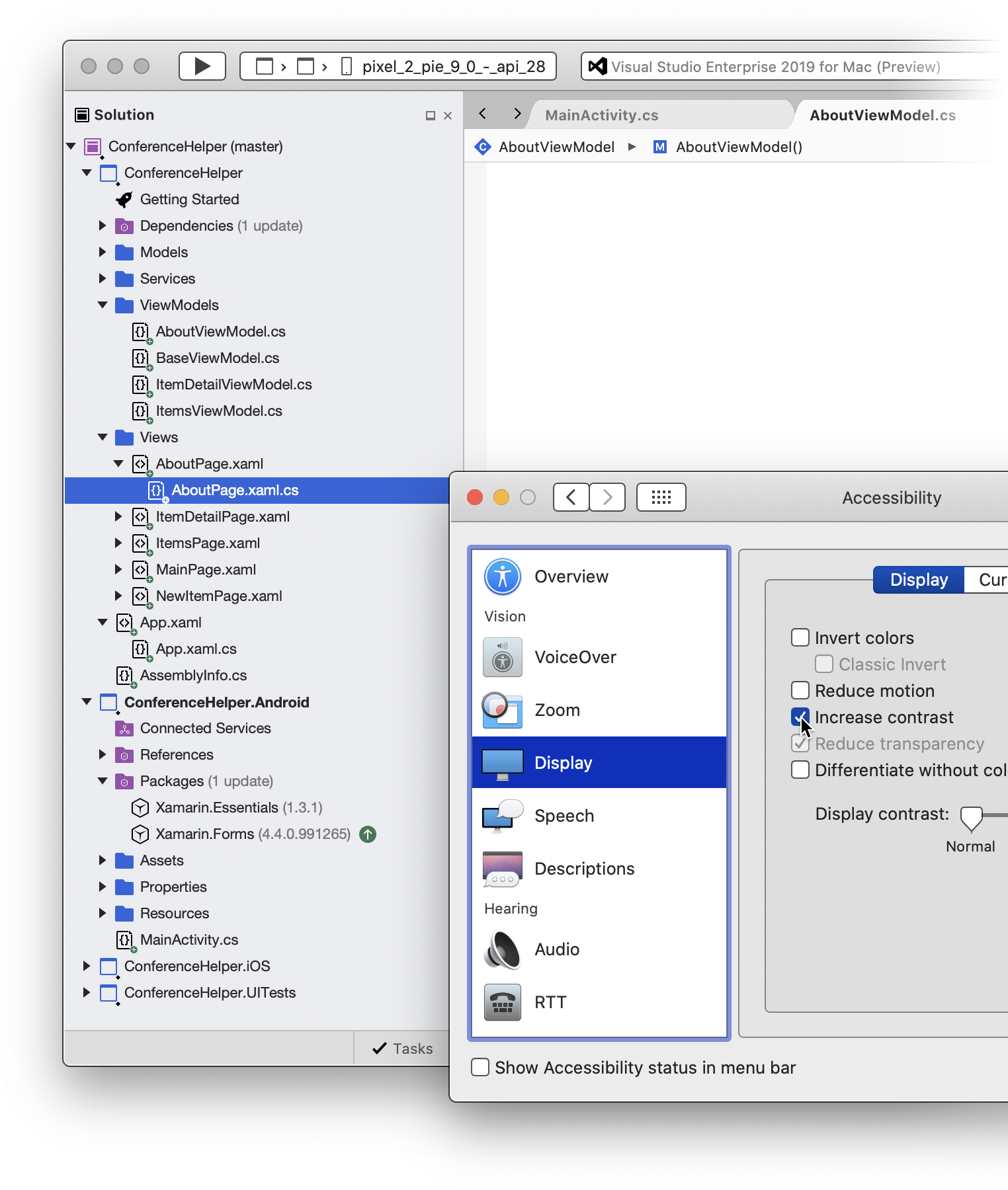 Visual Studio for Mac both in High Contrast and standard rendering, together with masOS System Preferences window in front, used to toggle between these two modes.