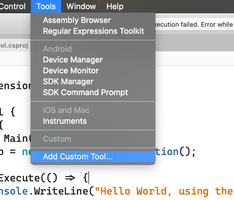 visual studio for mac add custom tool menu option