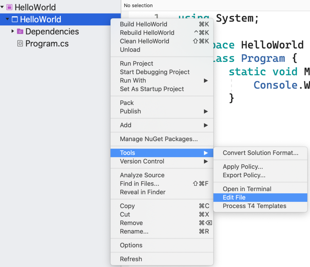 visual studio for mac menu option to edit the project file