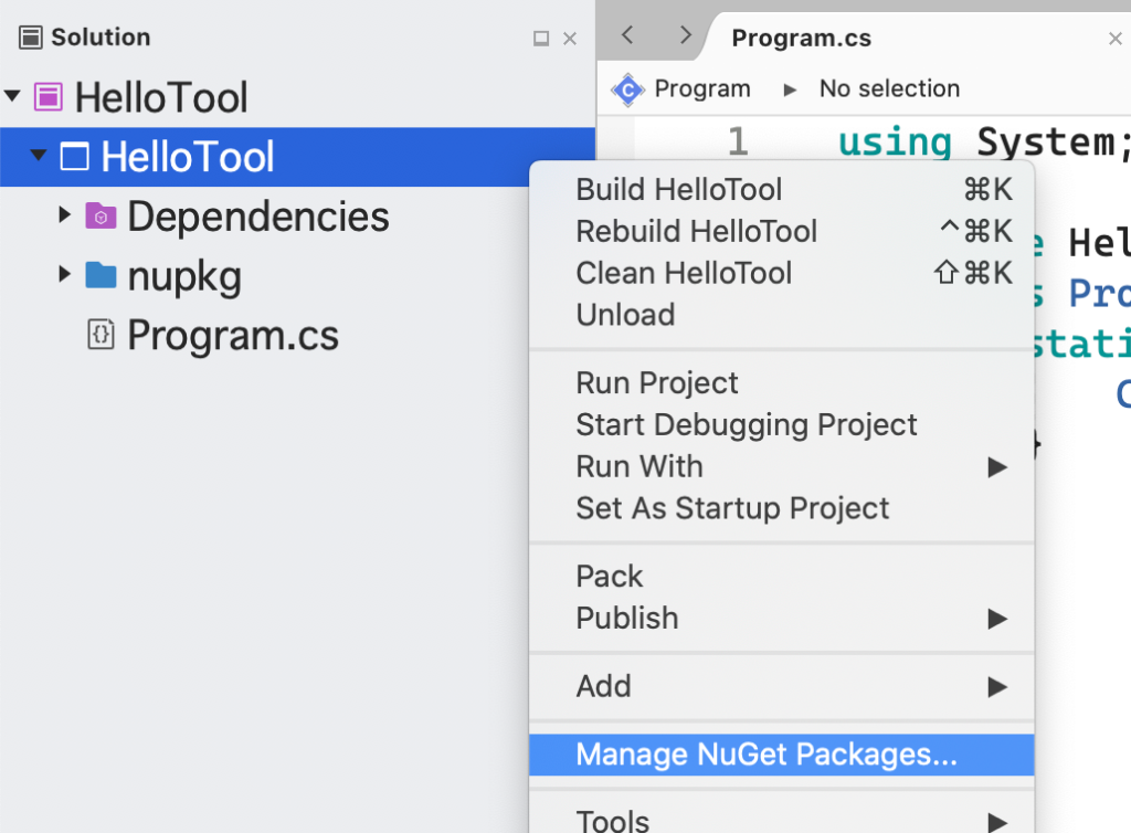 visual studio for mac manage nuget packages menu option