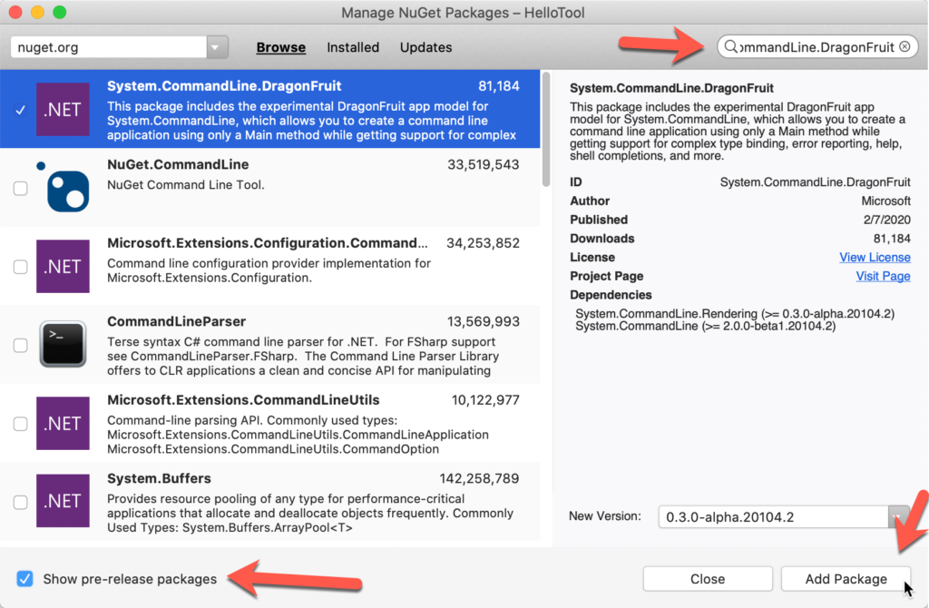 visual studio for mac add dragonfruit nuget package