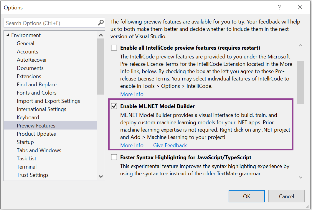Enabling ML.NET in Visual Studio version 16.6 Preview 2