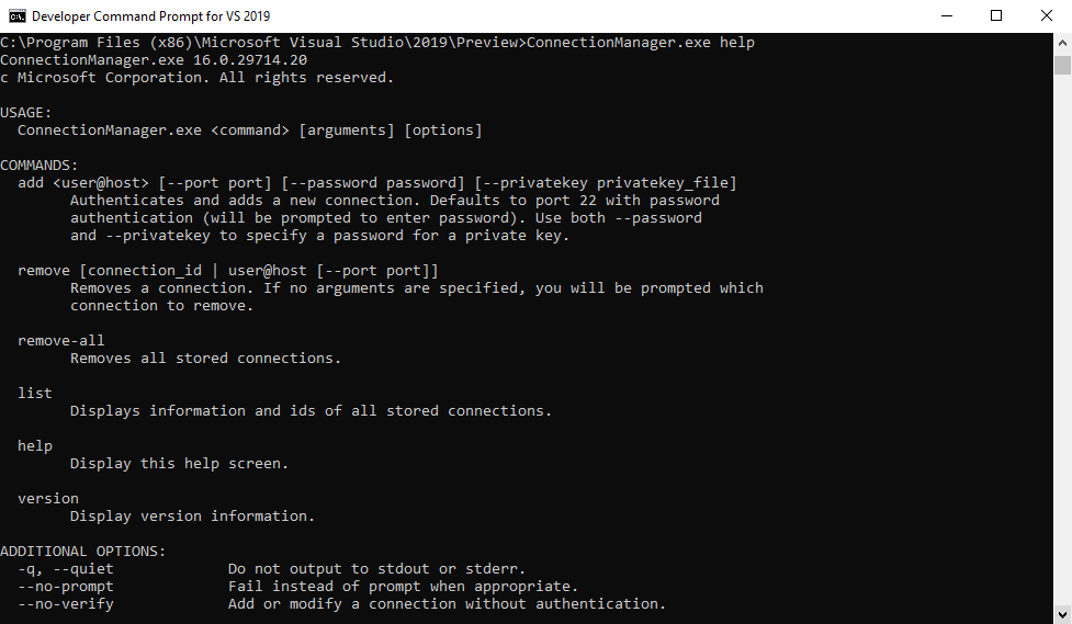 Interact with stored remove connections through the Developer Command Prompt