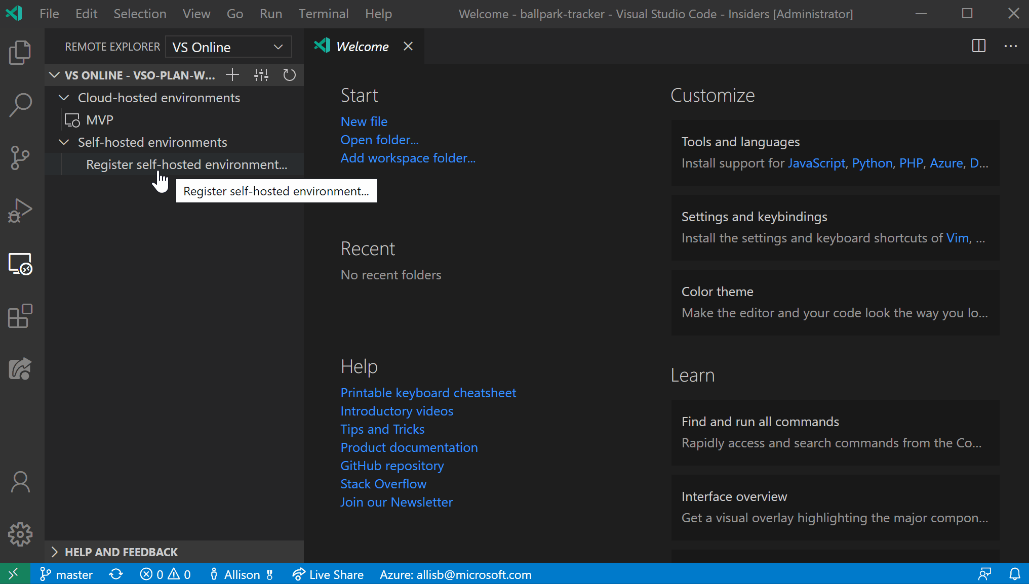 GIF of registering a self-hosted environment in Visual Studio Code