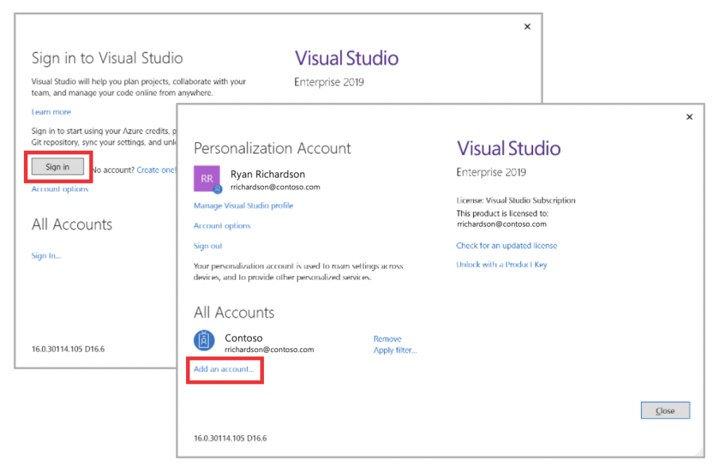 Add a new personalization account to Visual Studio.