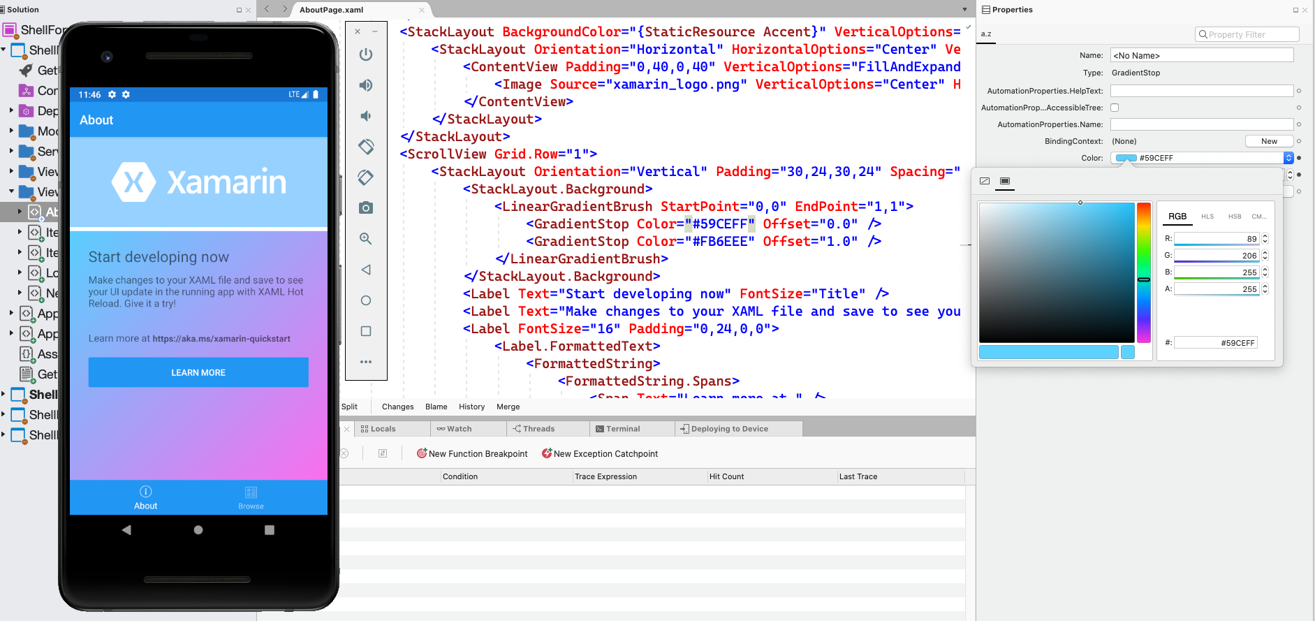 Visual Studio for Mac screenshot showing the Xamarin Forms 4.8 Gradient Brush editing experience