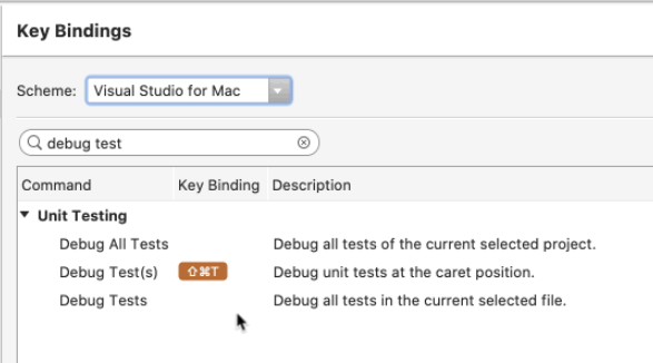 Screenshot showing Key Bindings configuration in Visual Studio for Mac