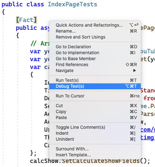 Screenshot of Visual Studio for Mac showing the Run Tests and Debug Tests options in the code editor context menu