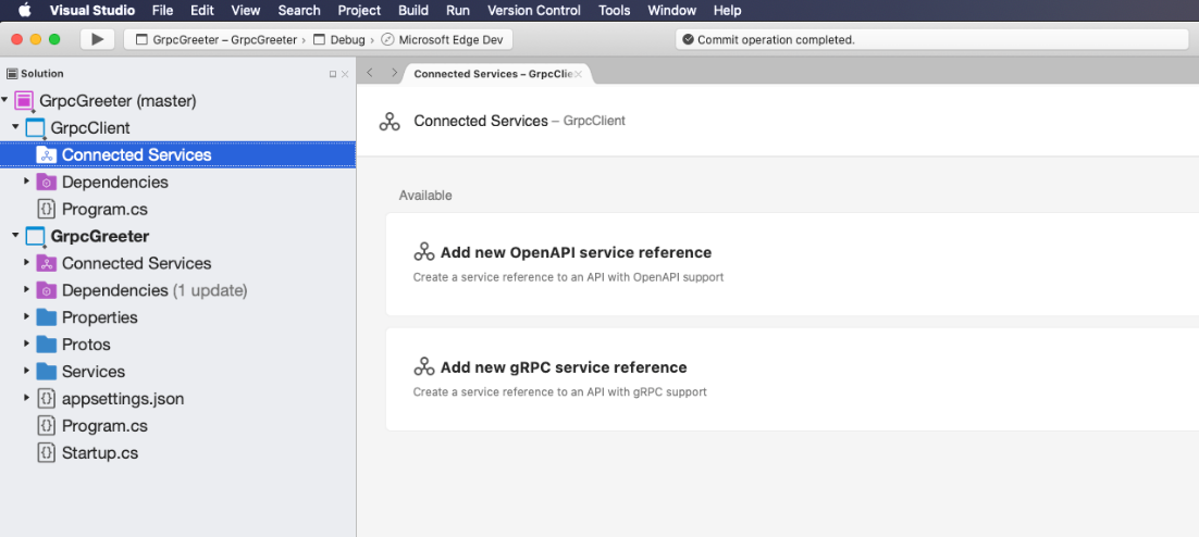 Screenshot showing the Connected Services Gallery in Visual Studio for Mac