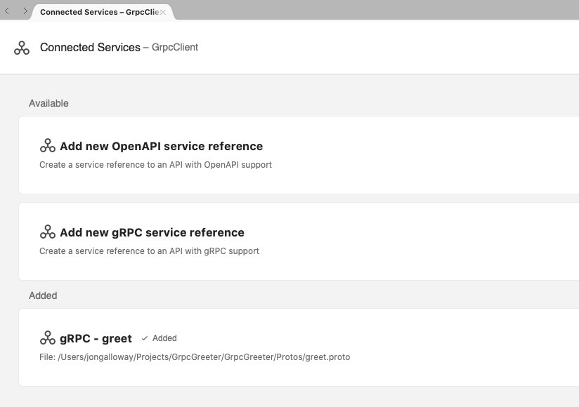 Screenshot showing an added gRPC service in the Connected Services Gallery