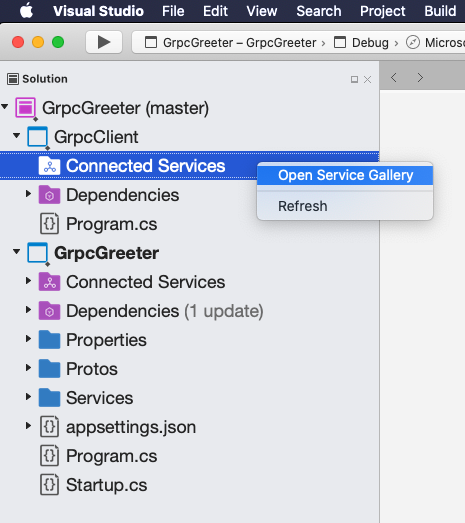 Visual Studio for Mac screenshot showing the new Connected Services node in the Solution Pad
