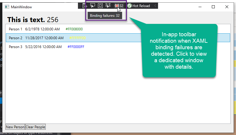 XAML Binding Failure Indicator Icon in Visual Studio 2019