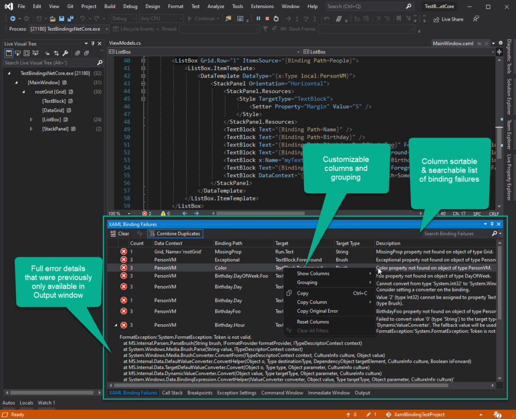 New XAML Binding Failures Window in Visual Studio 2019